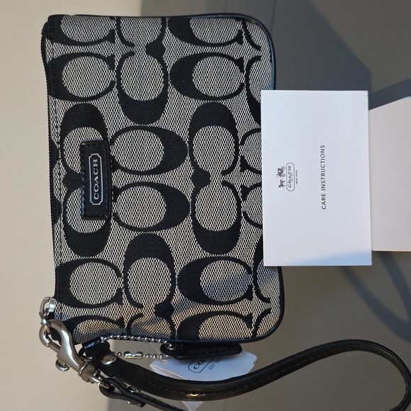 Coach Handbags - COACH NWT Black/Gray Canvas/Patent Leather Monogrammed Wristlet